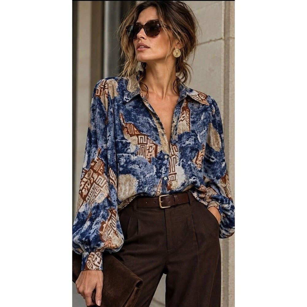 Vintage Caviar Abstract Print Blouse Large Blue Brown Balloon Sleeve Tie Front